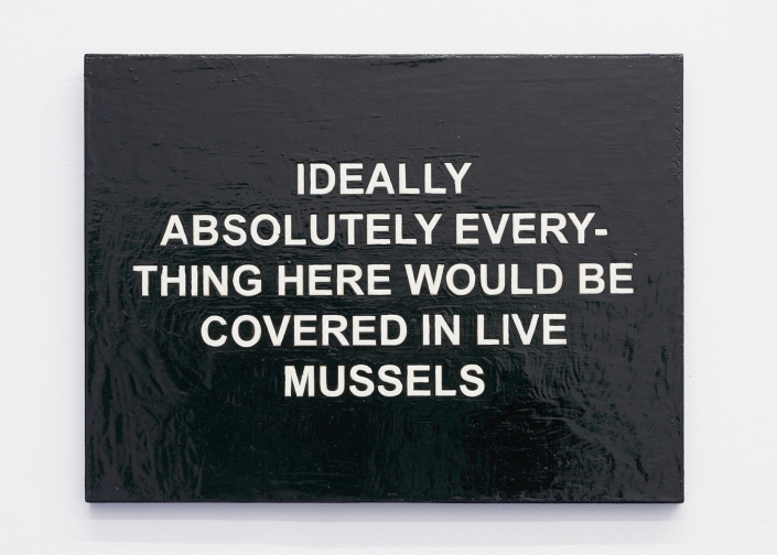 Laure Prouvost, IDEALLY ABSOLUTELY EVERYTHING HERE WOULD BE COVERED IN LIVE MUSSELS, 2011, oil, collage and oil, collage and varnish on board, 30 x 40 x 2 cm, Courtesy: the artist and carlier | gebauer, Berlin/Madrid.